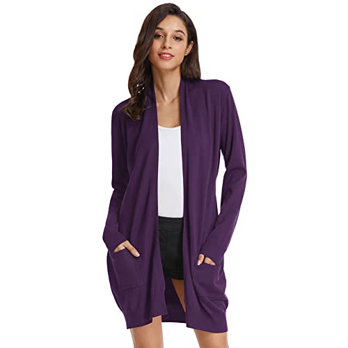 GRACE KARIN Damen Lange Strickjacke Langarm Offene Casual Strickmantel Herbst Cardigan mit Taschen L Dunkelviolett von GRACE KARIN