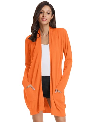 GRACE KARIN Damen Lange Strickjacke Langarm Offene Casual Strickmantel Herbst Cardigan mit Taschen M Orange von GRACE KARIN