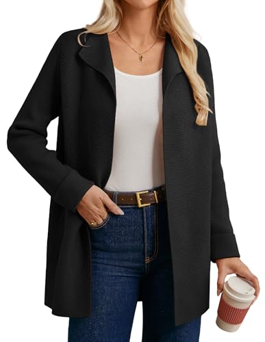 GRACE KARIN Damen Lange Strickjacke Langarm Reverskragen Elegant Cardigan Open Front Strickmantel Schwarz XXL von GRACE KARIN