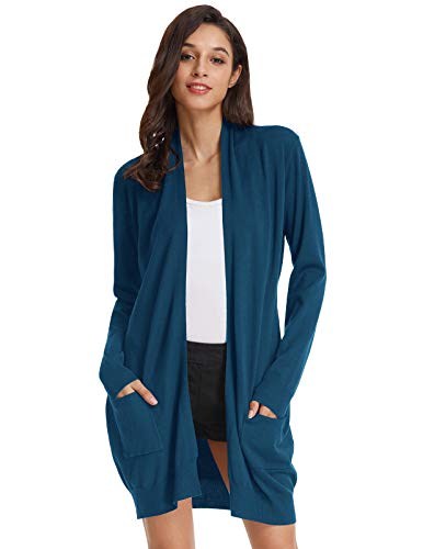 GRACE KARIN Damen Lange Strickmantel Langarm Offene High Stretchy Casual Herbst Cardigan mit Taschen Denim Blau L von GRACE KARIN