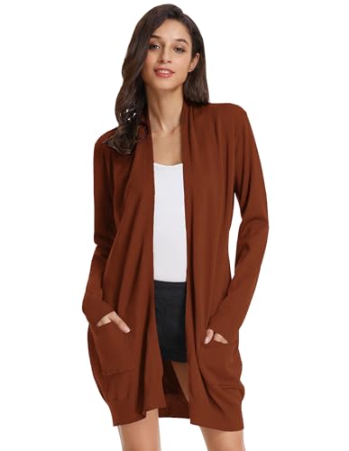 GRACE KARIN Damen Lange Strickmantel Langarm Offene High Stretchy Casual Herbst Cardigan mit Taschen XXL Braun von GRACE KARIN