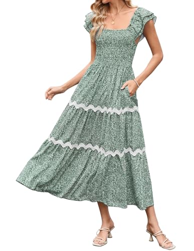 Damen Kleider Elegant A-Linien Off Shouleder Blumen Maxikleid Damen Sommer Elegant Strandkleid mit Tasche Grün Blume M von GRACE KARIN