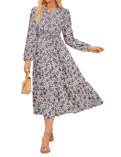 GRACE KARIN Damen Langes Kleid Elastischer Taille V-Ausschnitt Maxikleid Boho Blumenkleid mit Taschen CL37-04/Braun mit Blauer Blume XXL von GRACE KARIN