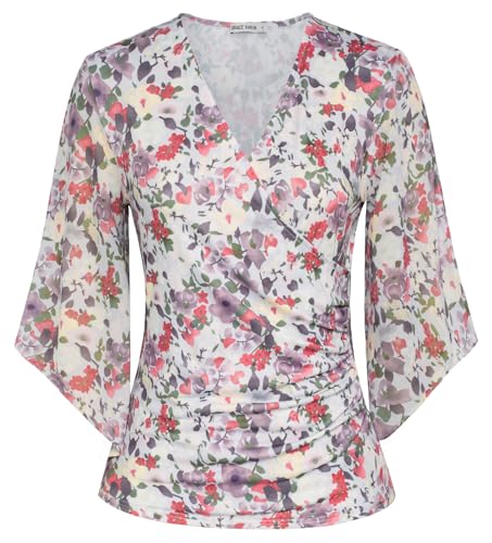 GRACE KARIN Damen Leicht Chiffon Bluse Langarm mit Federmaus Sommershirt V-Ausschnitt Slim Fit Tunika Elegant auf Lila Blumen M von GRACE KARIN