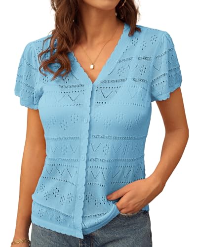 GRACE KARIN Damen Leicht Kurzarm V-Neck Strickjacke Elegant Sommer Strick Tops mit Knopf Hellblau S von GRACE KARIN