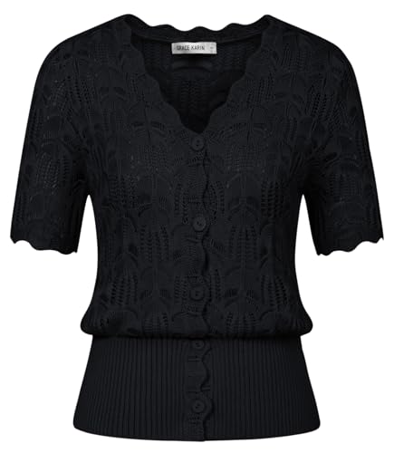 GRACE KARIN Damen Leicht Sommer Strickjacke Einfarbig Kurzarm Strick Oberteil Lässig V-Ausschnitt Cardigan Schwarz 2XL von GRACE KARIN