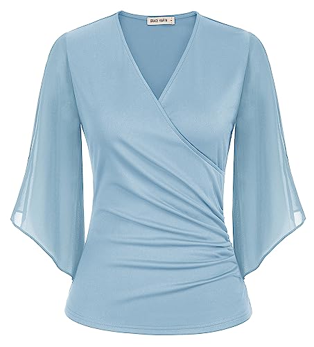 GRACE KARIN Damen Leicht Sommershirt Elegant 3/4 Ärmel Bluse mit Fledermaus Chiffon Bequem Tunika V-Ausschnitt Oberteile XL Hellblau von GRACE KARIN