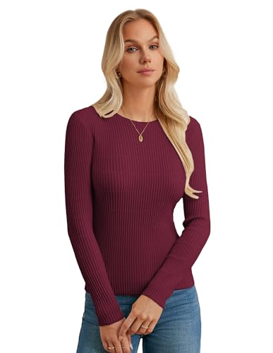 GRACE KARIN Damen Long Sleeve Pullover mit Rundhalsausschnitt Langarm Stretch Geripptes Hemd Oberteile Rot S von GRACE KARIN