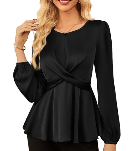GRACE KARIN Damen Loose Fit Einfarbiges Satin Oberteil Rundhals Leichte Rüschenbluse für Party Alltag Schwarz XXL von GRACE KARIN
