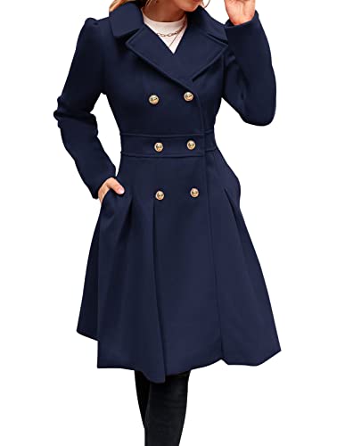 Damen Mantel Doppelknopf Langarm Wintermantel Wintercoat Warm Jacke Revers Mantel Dress Style Outwear Navyblau L CL0977A21-07 von GRACE KARIN