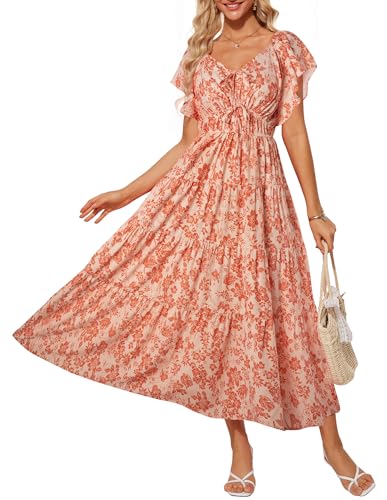 GRACE KARIN Damen Maxikleid Blumenkleid Kurzarm V-Ausschnitt Sommerkleid Elegant Boho Kleid Freizeitkleid Beige Orange Blumen XL von GRACE KARIN