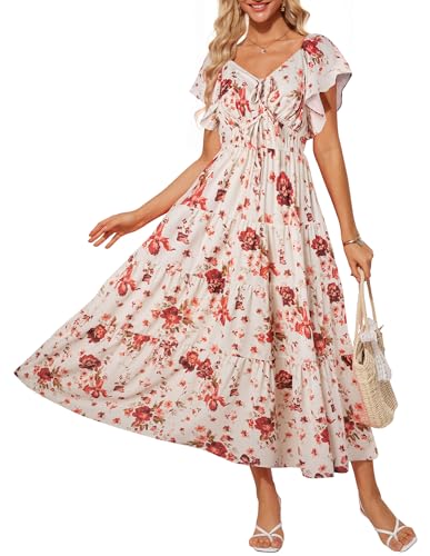 GRACE KARIN Damen Maxikleid Blumenkleid Kurzarm V-Ausschnitt Sommerkleid Elegant Boho Kleid Freizeitkleid Beige Rose XL von GRACE KARIN