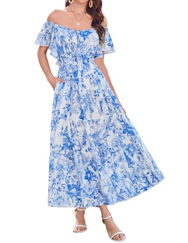 GRACE KARIN Damen Maxikleid Blumenkleid Kurzarm V-Ausschnitt Sommerkleid Elegant Boho Kleid Freizeitkleid Blau-Weiße Blumen XL von GRACE KARIN