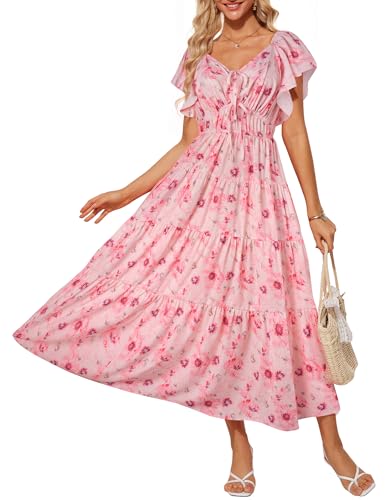 GRACE KARIN Damen Maxikleid Blumenkleid Kurzarm V-Ausschnitt Sommerkleid Elegant Boho Kleid Freizeitkleid Weiß Rosa Blumen XL von GRACE KARIN