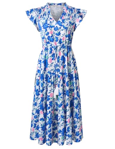 GRACE KARIN Damen Maxikleid Sommerkleid Boho Kleider Sommer Strandkleid Leicht und Luftig mit Taschen Weiß-Blaue Blumen XL von GRACE KARIN