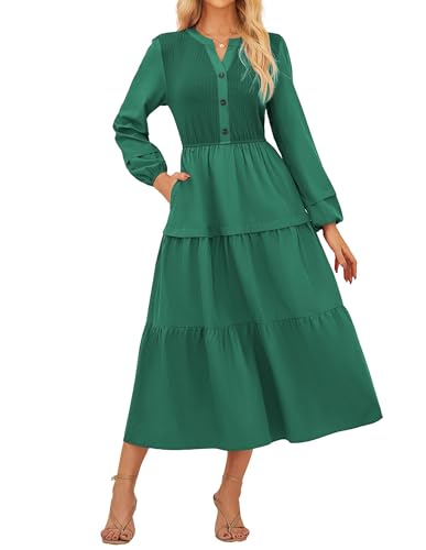 GRACE KARIN Damen Maxikleid mit Kontrastgewebe Langarm Henley V-Ausschnitt Elastische Taille Taschen A-Linie Kleid Grün XXL von GRACE KARIN