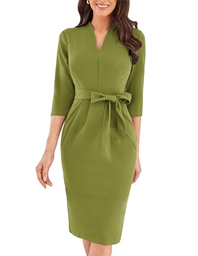 GRACE KARIN Damen Midi Kleid V-Ausschnitt 3/4 Ärmel Bodycon Rückenschlitz Büro Cocktail Party Abendkleid Olivgrün XL von GRACE KARIN