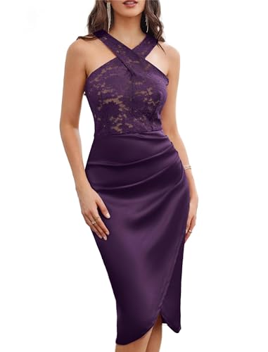 GRACE KARIN Damen Midi Kleid Wickelschnitt Figurbetont Partykleid Spitzen Patchwork Abendkleid Elegant Bobycon Satin Hochzeitkleid 36 von GRACE KARIN