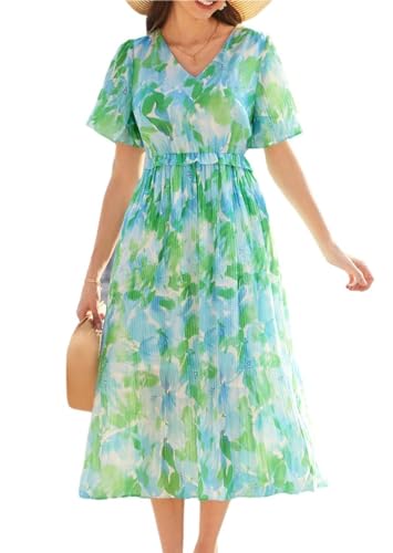 GRACE KARIN Damen Midi Plissierte Sommerkleid Rustikaler Stil Blumenkleid V-Ausschnitt Rüschen Kurzarm Freizeitkleid Hochzeit Strand Grün M von GRACE KARIN