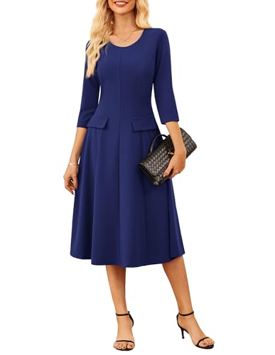 GRACE KARIN Damen Midikleid Elegant Business Kleid A-Linie 3/4 Ärmel Rundhals Bürokleid mit Taschen Marineblau L von GRACE KARIN