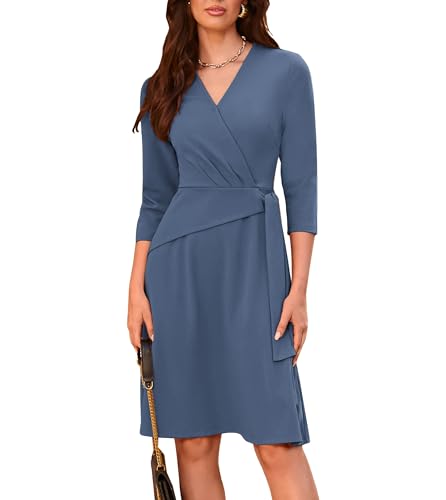 GRACE KARIN Damen Midikleid in verschiedenen Größen 3/4-Ärmel V-Ausschnitt Cocktailkleid mit Schlitz Grau Blau M von GRACE KARIN