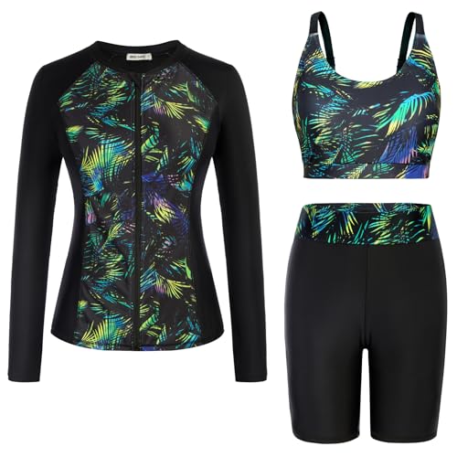 GRACE KARIN Damen Mode 3 Teiliger Tankini Sets Bikinioberteil Badeanzug Badeshorts mit Langarm Surfjacke Schwimmanzug Blätter auf Schwarz S von GRACE KARIN