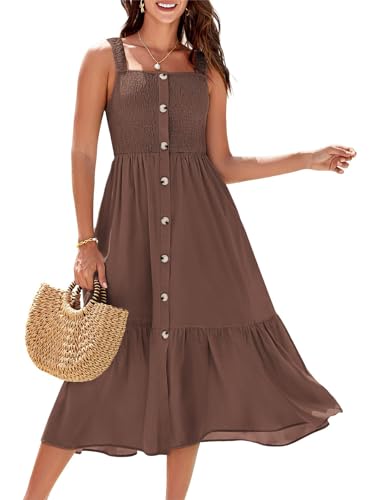 GRACE KARIN Damen Mutterschaft Boho Tank Kleid Elastic Strap Knopfleiste Front Slit Smocked Holiday A Line Midi Kleider mit Taschen Braun XXL von GRACE KARIN