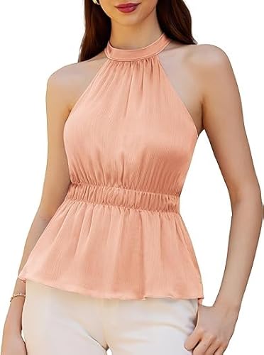 GRACE KARIN Damen Neckholder Camisole Tops Vintage Slim Fit Ärmellose Schulterfrei Bluse Rosa Aprikose L von GRACE KARIN