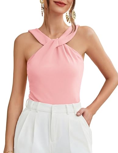 GRACE KARIN Damen Neckholder Party Oberteil Elegant Casual Ärmellos Top Rosa L von GRACE KARIN