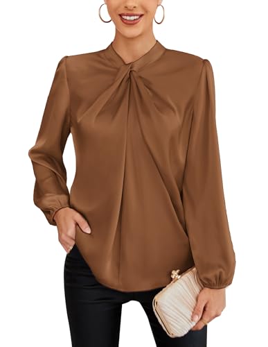 GRACE KARIN Damen Oberteil Bowtie Lang Langarm Top Bluse Herbst Party Club Festliche Dunkelbraun L von GRACE KARIN
