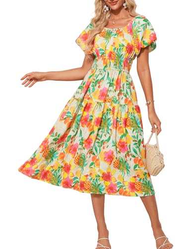 GRACE KARIN Damen Off Shoulder Midi Kleid Elastische Taille Kurzarm A-Linie Kleid Boho Strand Midikleid mit Taschen Lässiges Sommerkleid Weiß-Tropische Fruchtblumen M von GRACE KARIN
