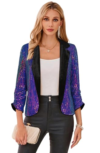 GRACE KARIN Damen Offene Blazer Business Casual Cropped Blazerjacke 3/4 Ärmel kurz Leicht Jacke Mantel Strickjacke Cardigan 2XL Lila-Pailletten von GRACE KARIN