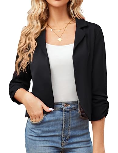 GRACE KARIN Damen Offene Blazer Business Casual Cropped Blazerjacke 3/4 Ärmel kurz Leicht Jacke Mantel Strickjacke Cardigan 2XL Schwarz-Anzugstoff CL2584A23-01 von GRACE KARIN