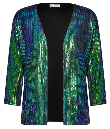GRACE KARIN Damen Offene Blazer Business Casual Cropped Pailletten-Cardigan 3/4 Ärmel kurz Leicht Jacke Mantel Strickjacke Cardigan 2XL laugrün Schillernd von GRACE KARIN