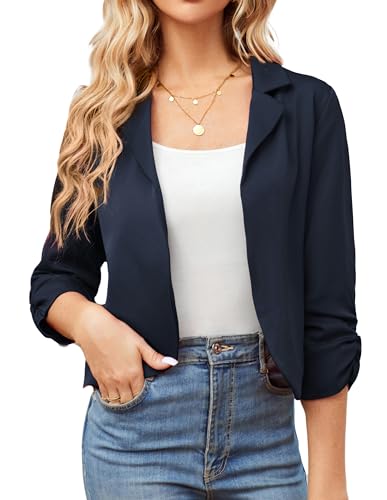 GRACE KARIN Damen Offene Blazer Business Cropped Blazerjacke 3/4 Ärmel kurz Leicht Jacke Mantel Strickjacke Cardigan 2XL Navyblau-Anzugstoff CL2584A23-05 von GRACE KARIN