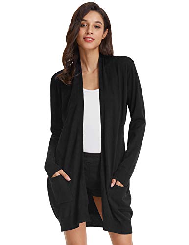 GRACE KARIN Damen Offene Casual Strickjacke Lange Strickmantel Langarm Cardigan mit Taschen L Schwarz von GRACE KARIN