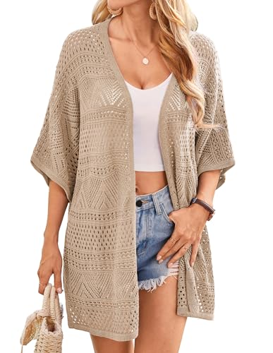 GRACE KARIN Damen Offene Front Hohle Strickjacke 2025 Kurzarm Cardigans Sommer Leicht Übergroße Kimono Cardigans Urlaubsoutfits Hell Khaki M von GRACE KARIN