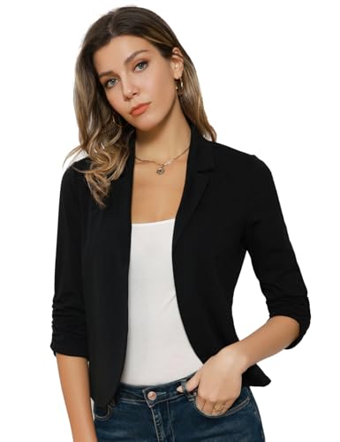 GRACE KARIN Damen Offene Gestrickt Blazer Business Casual Cropped Blazerjacke 3/4 Ärmel kurz Leicht Jacke Mantel Strickjacke Cardigan 2XL Schwarz CL1225S22-02 von GRACE KARIN