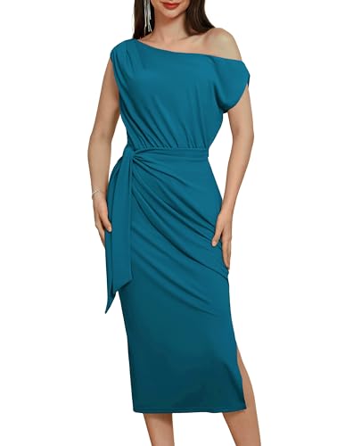 GRACE KARIN Damen One Shoulder Abendkleid 2024 Cocktailkleid Kurzarm Bodycon Midi Kleid Party Hochzeit S Blau Grün CL2996S24-03 von GRACE KARIN