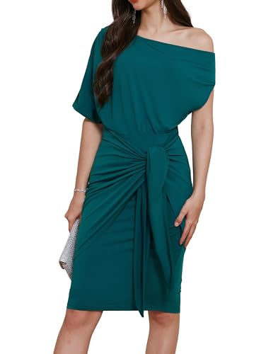 GRACE KARIN Damen One Shoulder Bodycon Kleid Elegant Cocktailkleid Gerüschtes Wickelkleid Business Party Kleid Schulterfrei Sommerkleid Midi Dress M Blau Grün CL2909S24-04 von GRACE KARIN