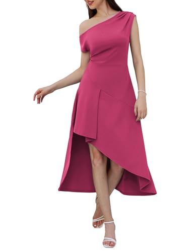 GRACE KARIN Damen One Shoulder Cocktail Partykleid Schulterfrei Kleid Einfarbig Freizeitkleid Rose Rot XXL von GRACE KARIN