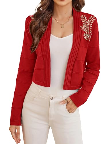 GRACE KARIN Damen Open Front Cropped Sweater Rhinestones Bolero Strickjacke Langarm V-Ausschnitt Cardigan XL Rot CL2457A23-06 von GRACE KARIN