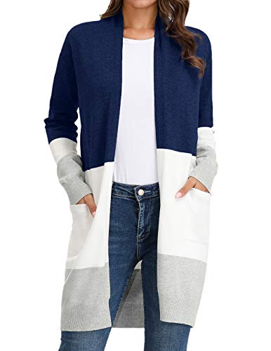 GRACE KARIN Damen Offene Lang Cardigan Casual Langarm Bunter Strickjacke mit Taschen XL Navyblau-Weiß-Grau CLE02245-1 von GRACE KARIN