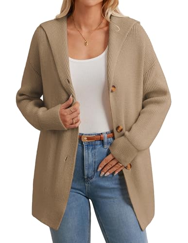 GRACE KARIN Damen Oversize Kapuzenpullover Herbst Lässig mit Knöpfen Langarm Strickjacke XXL Khaki von GRACE KARIN