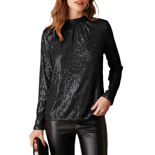GRACE KARIN Damen Pailletten Bluse Glitzer Langarmshirts Stehkragen Party Festliche Oberteil Schwarz L CL2815A24-01 von GRACE KARIN