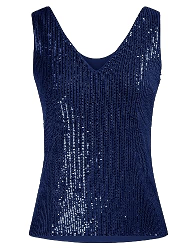 GRACE KARIN Damen Pailletten Bluse Sparkle Shimmer Weste Ärmellos V-Ausschbitt U-Back Side SplitBluse Tunika M Dunkelblau CL0813A21-11 von GRACE KARIN