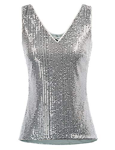 GRACE KARIN Damen Pailletten Bluse Sparkle Shimmer Weste Ärmellos V-Ausschbitt U-Back Side SplitBluse Tunika M Dunklesilber CL011080-10 von GRACE KARIN