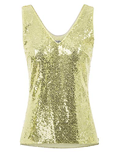 GRACE KARIN Damen Pailletten Bluse Sparkle Shimmer Weste Ärmellos V-Ausschbitt U-Back Side SplitBluse Tunika M Hellgelb CL011080-11 von GRACE KARIN