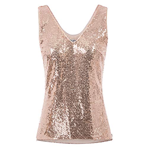 GRACE KARIN Damen Pailletten Bluse Sparkle Shimmer Weste Ärmellos V-Ausschbitt U-Back Side SplitBluse Tunika M Rose Gold CL011080-2 von GRACE KARIN