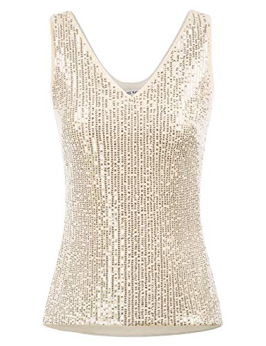 GRACE KARIN Damen Pailletten Bluse Sparkle Shimmer Weste Ärmellos V-Ausschbitt U-Back Side SplitBluse Tunika M hellgolden Cl011080-9 von GRACE KARIN